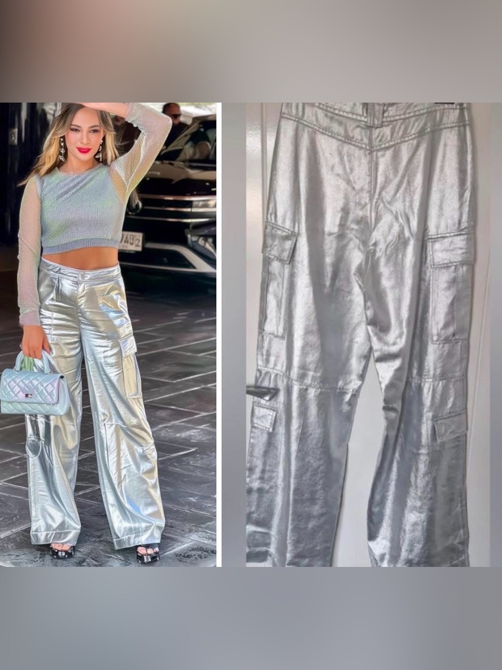 Zara Silver Cargo Trousers  High Waisted  Size S wide leg straight